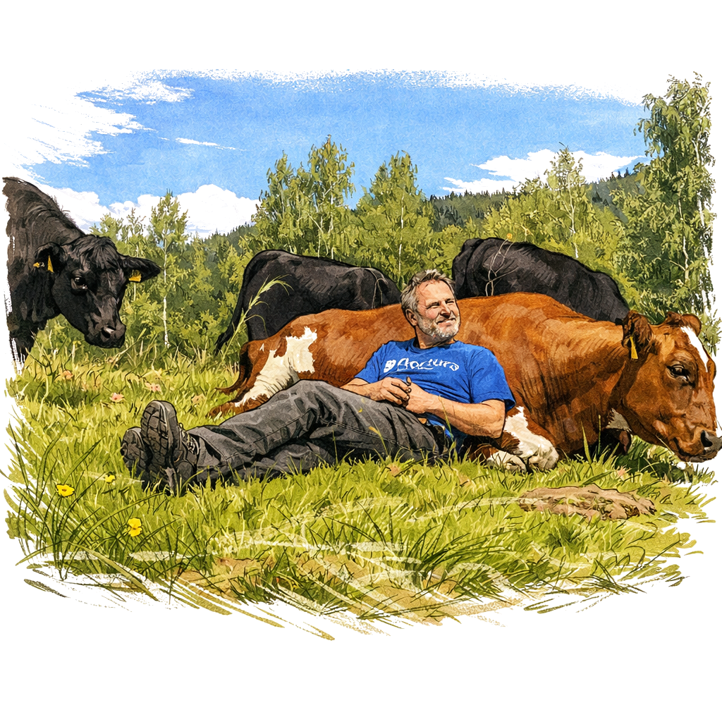 Bonden på Eirgarden hviler med Angus-kyrne på beite